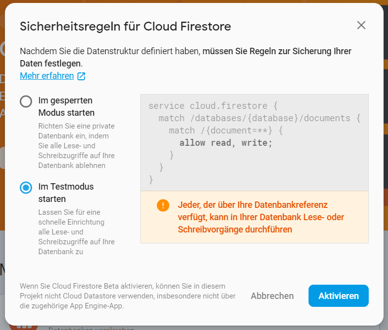 Firestore im Testmodus starten