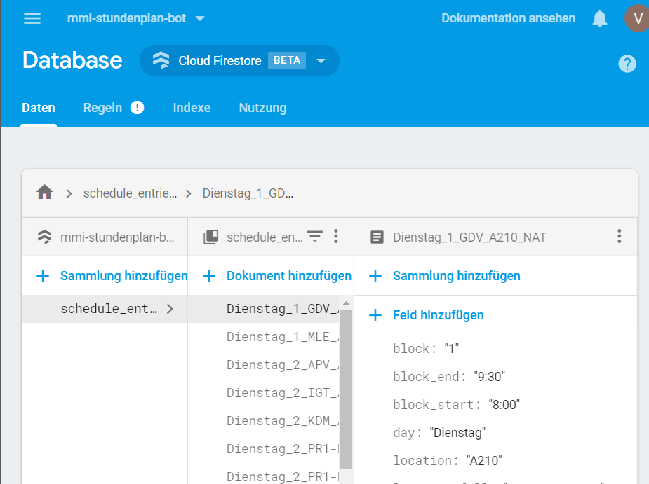 Firestore mit Stundenplaneinträgen