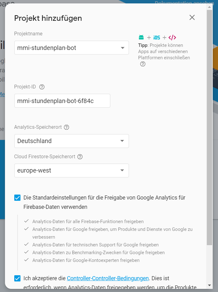 Firebase Projekt erstellen