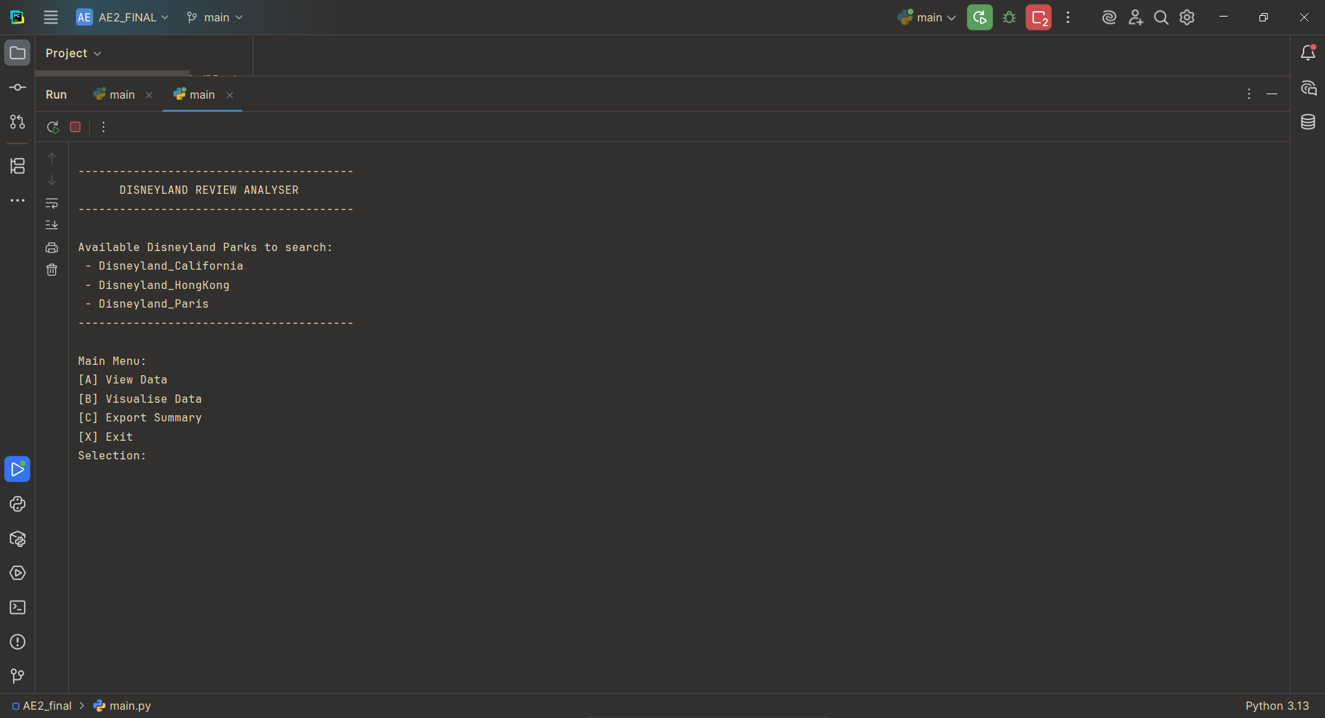 Disneyland Review Analyser - main menu screenshot