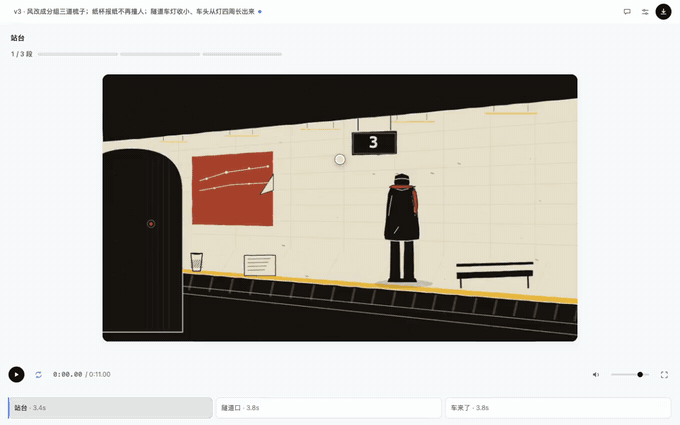 同一个片子，在面板里改：画面上的字、时间、镜头都能直接改
