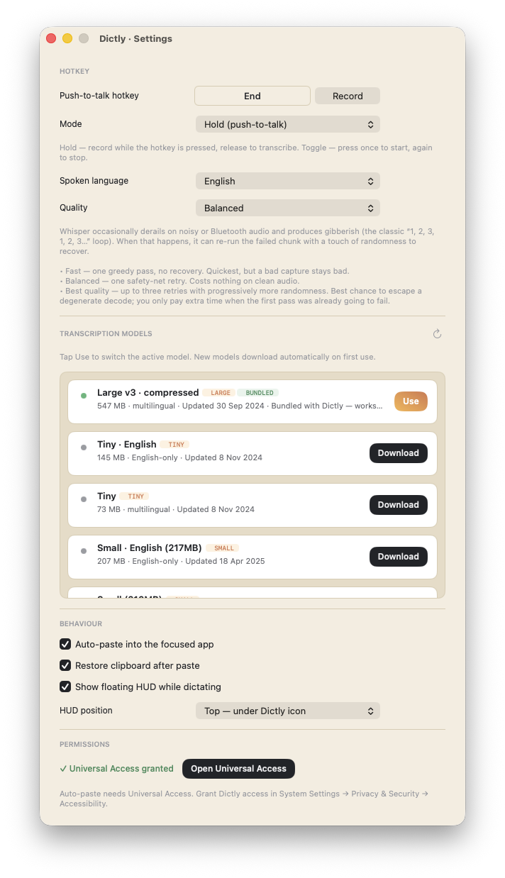 Dictly settings window
