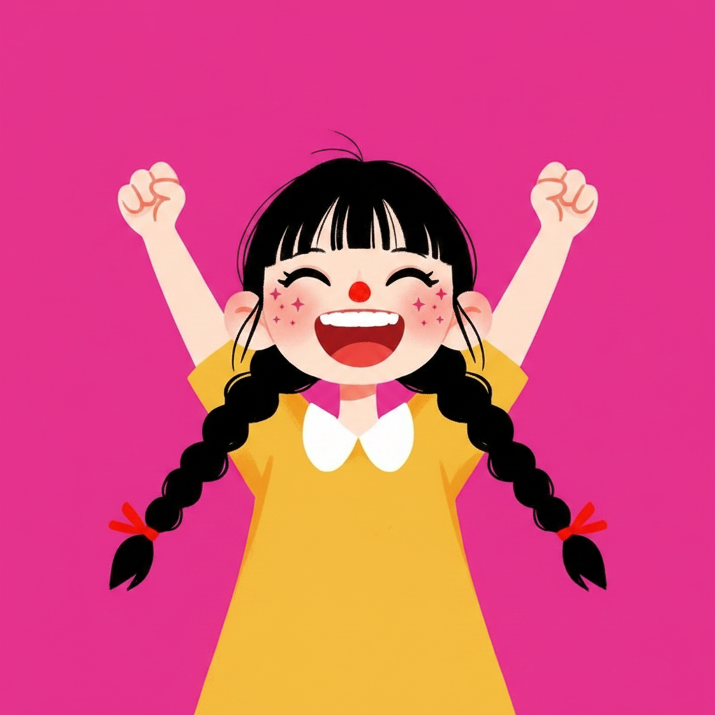 laughing girl with twin braids, magenta