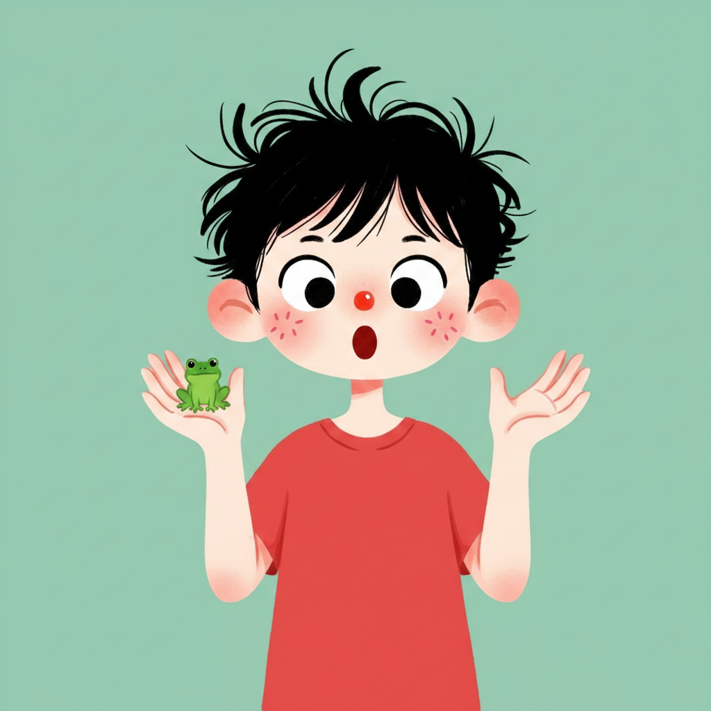 surprised boy with frog, mint