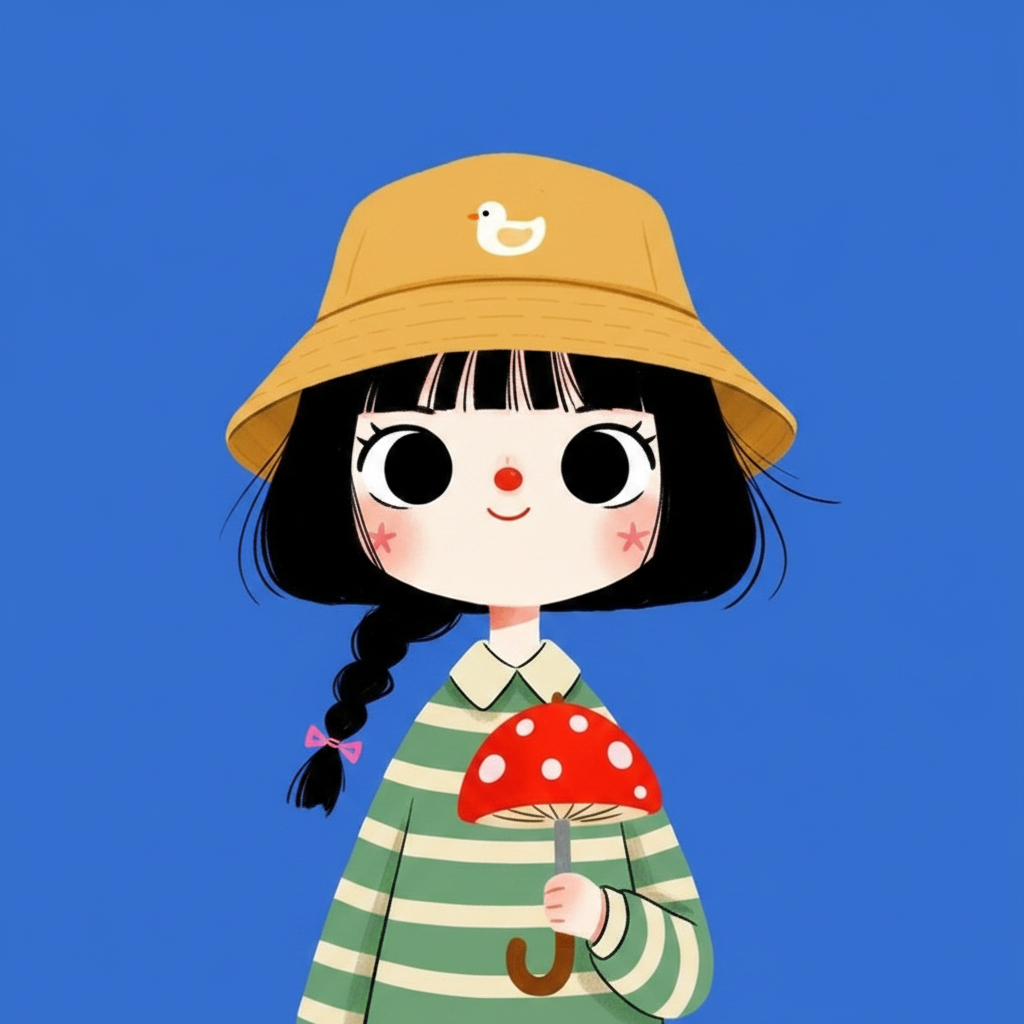 cheerful girl with mushroom umbrella, cobalt