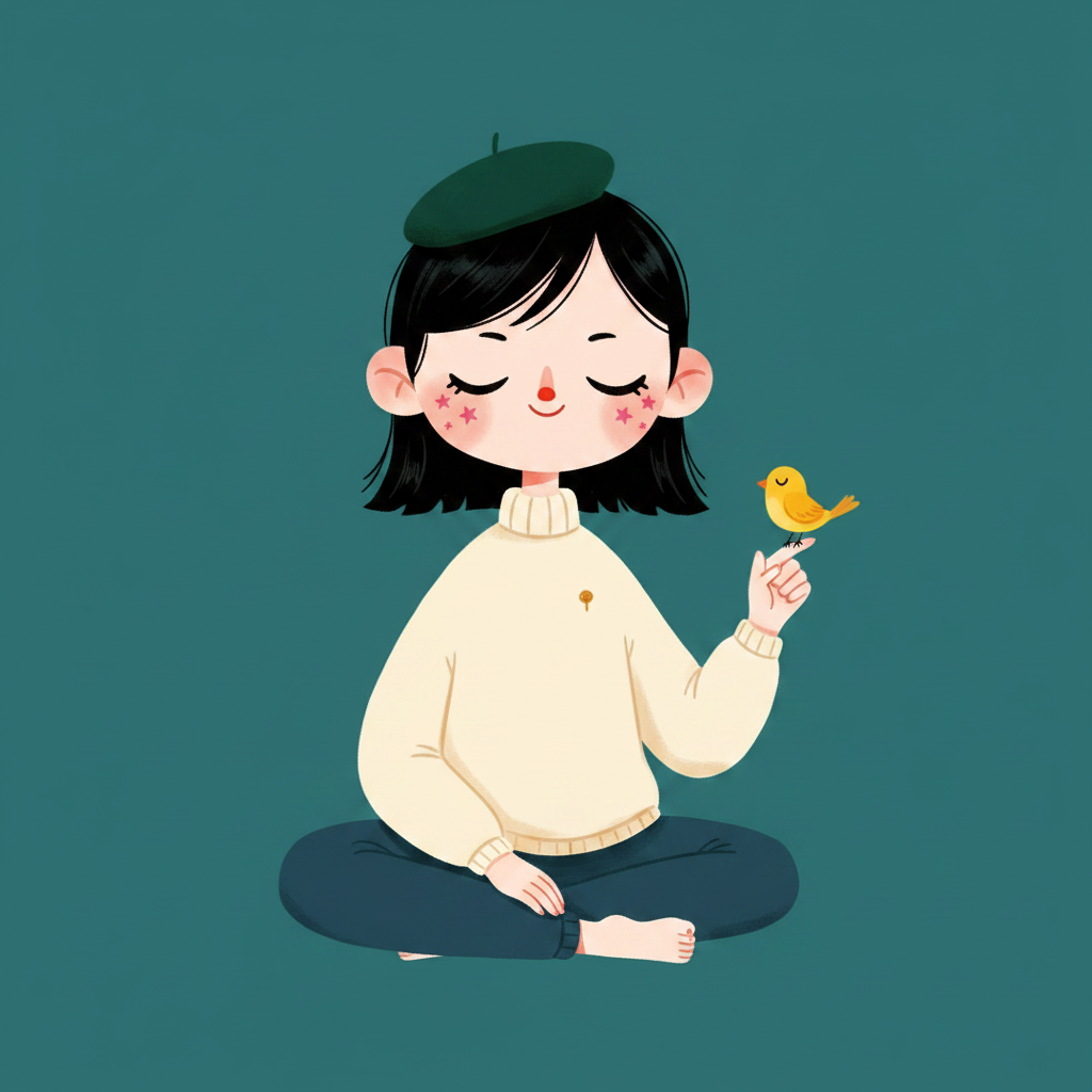 zen androgynous kid with songbird, teal