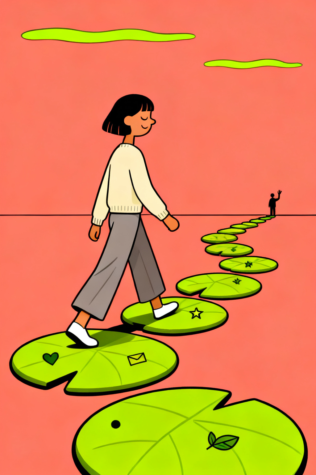 coral · lily-pad stepping-stone path