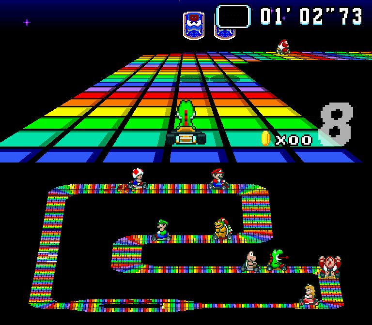 Yoshi racing in Rainbow Road