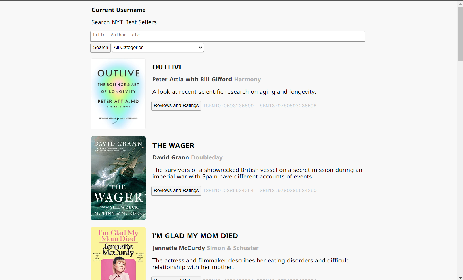 Example of the page once the user has logged in and is viewing the books.