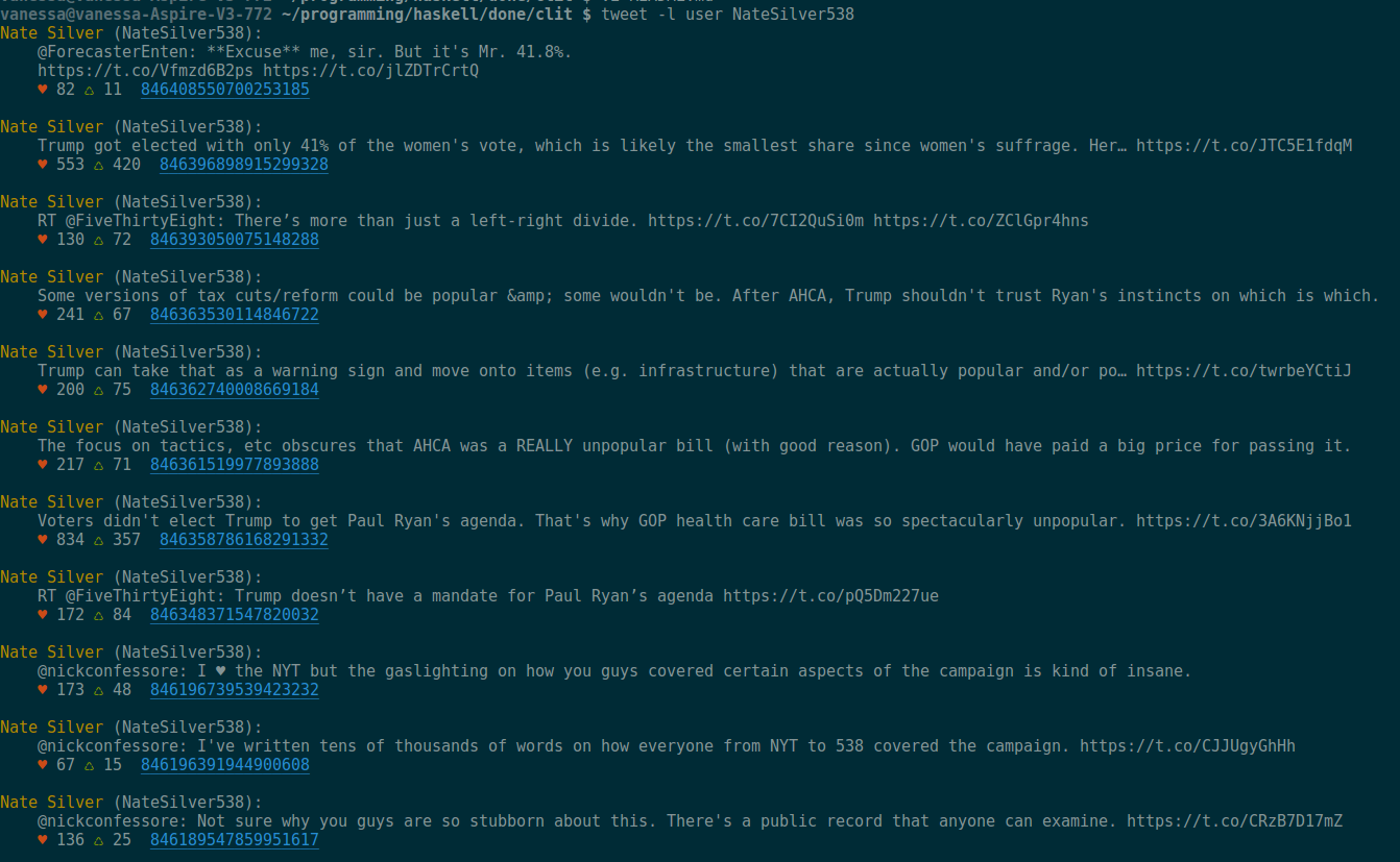 Displaying a user timeline in a terminal.