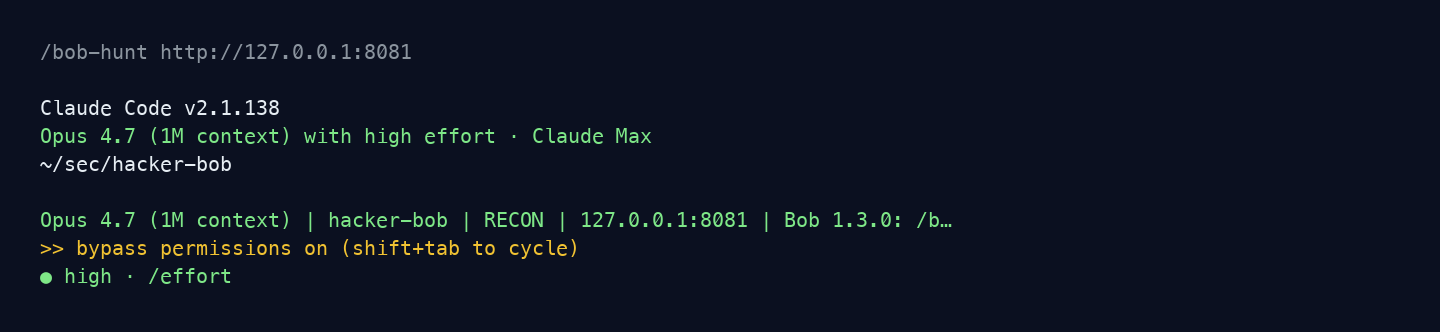 Hacker Bob starting an authorized evaluation in Claude Code