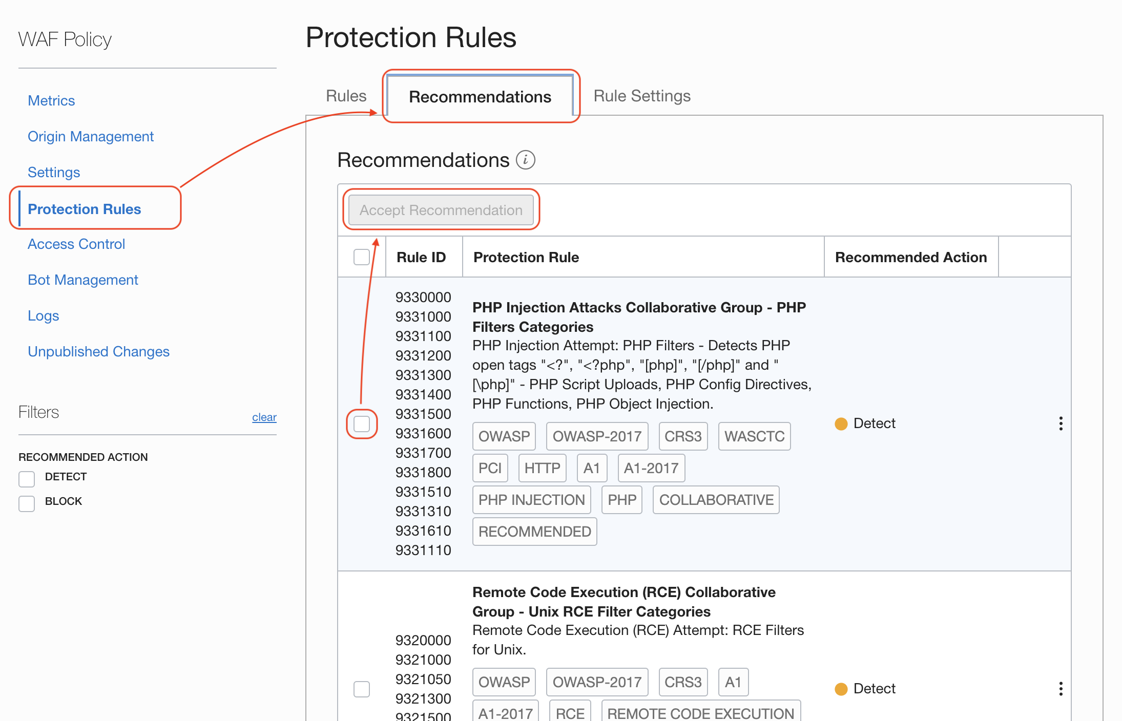 Protection Rules Recommendations
