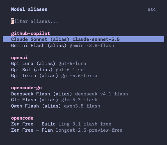 OpenCode TUI model alias list