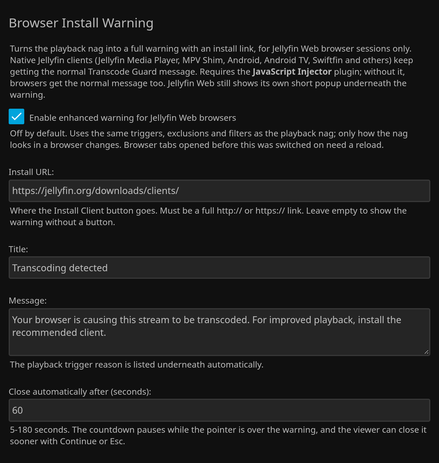Transcode Guard browser install warning settings in the Jellyfin dashboard