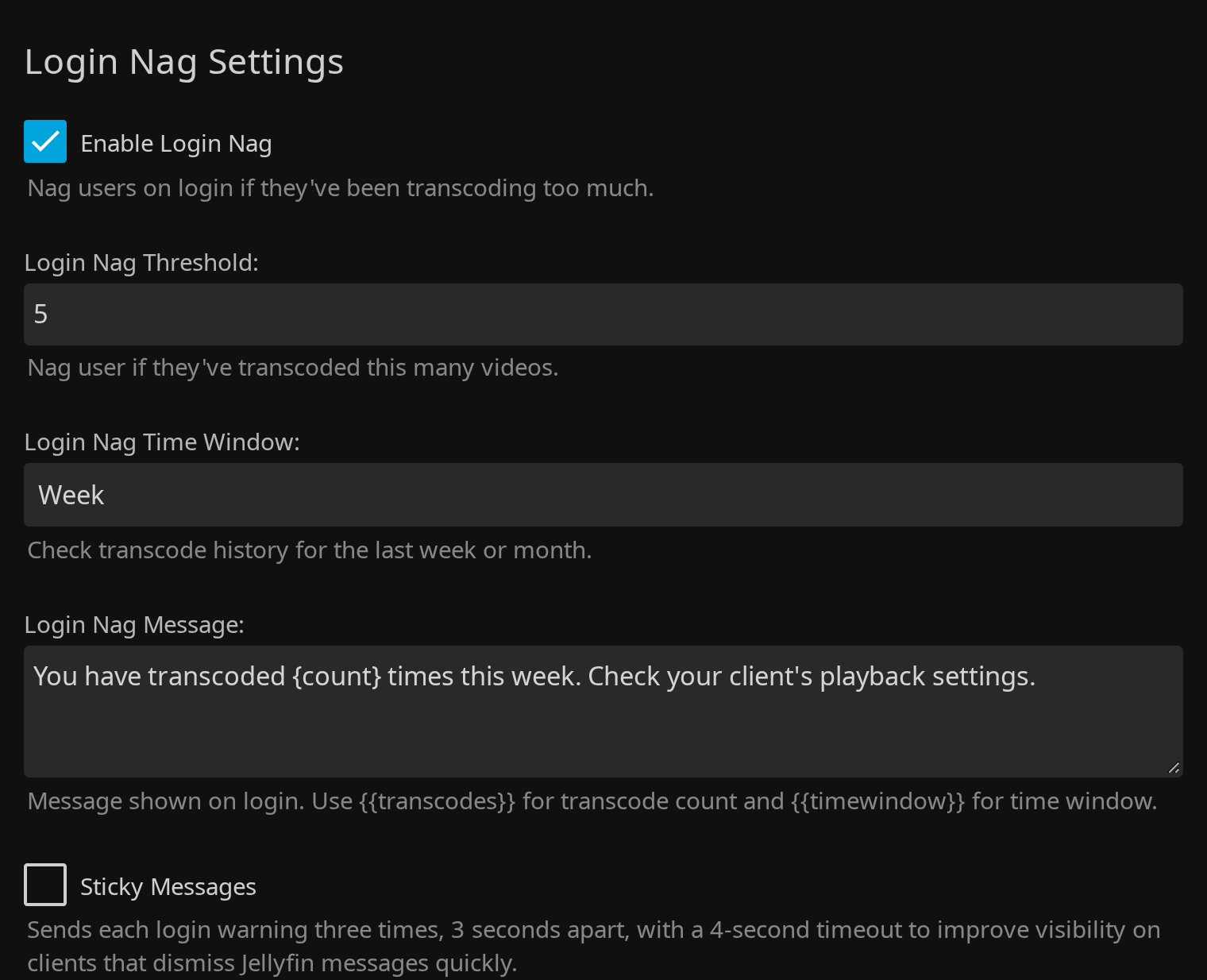 Transcode Guard login nag settings in the Jellyfin dashboard