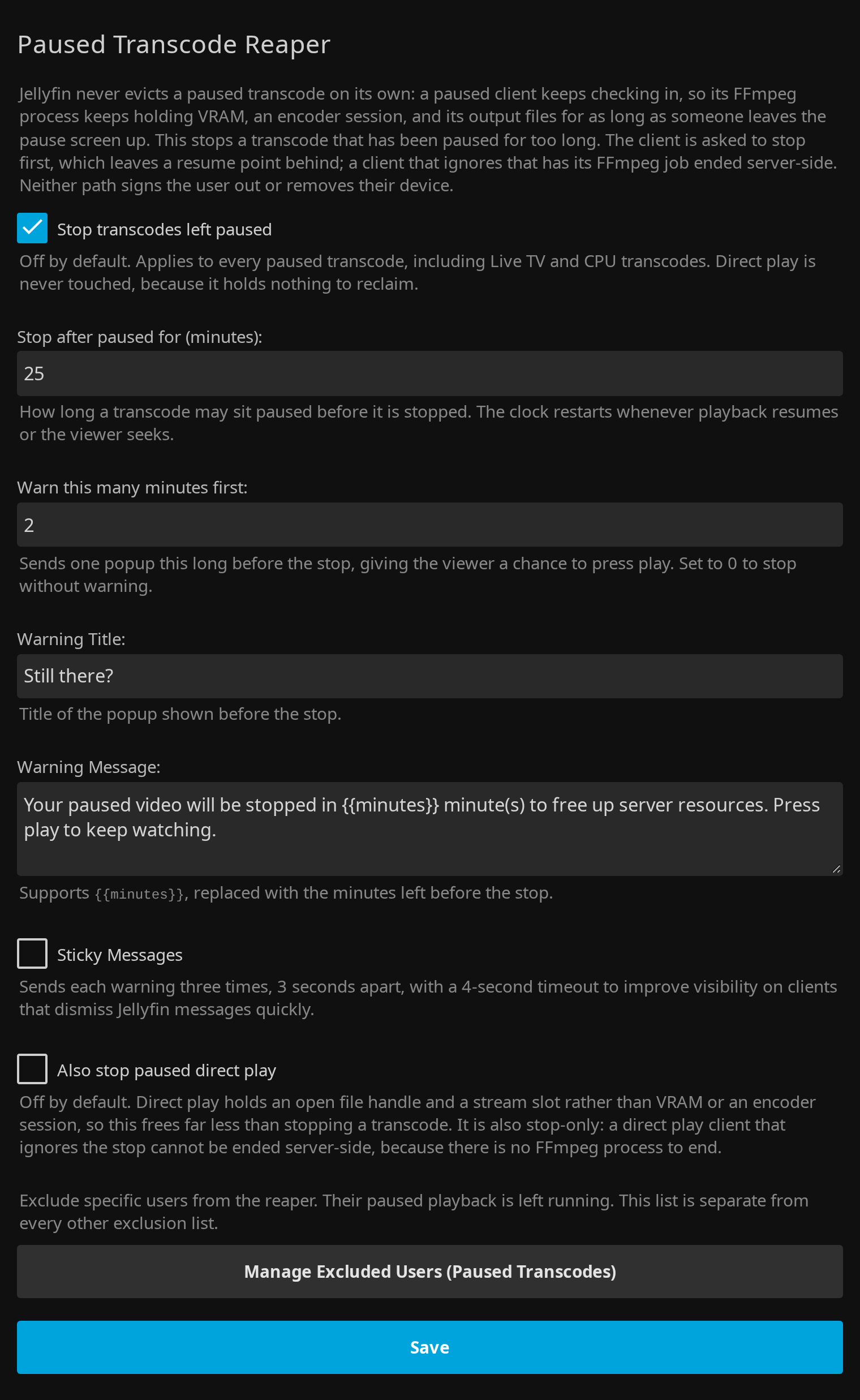 Transcode Guard paused transcode reaper settings in the Jellyfin dashboard