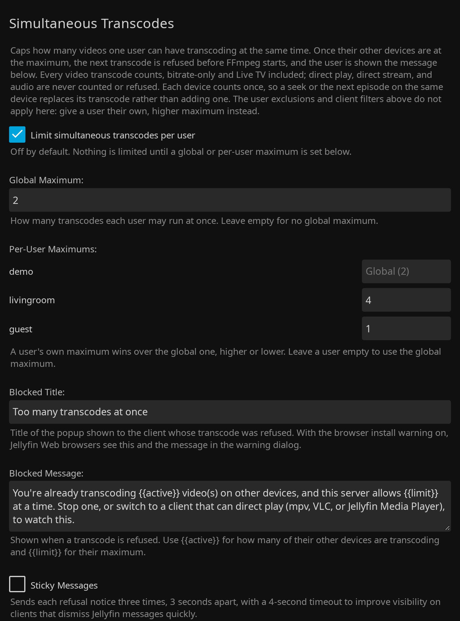 Transcode Guard simultaneous transcode settings with a global maximum and per-user maximums in the Jellyfin dashboard