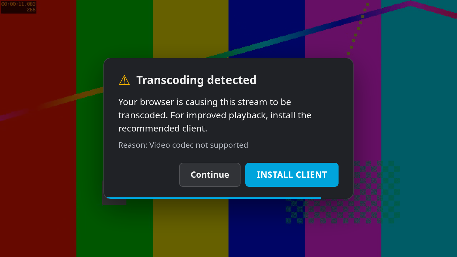 The browser install warning dialog over a transcoding video in Jellyfin Web