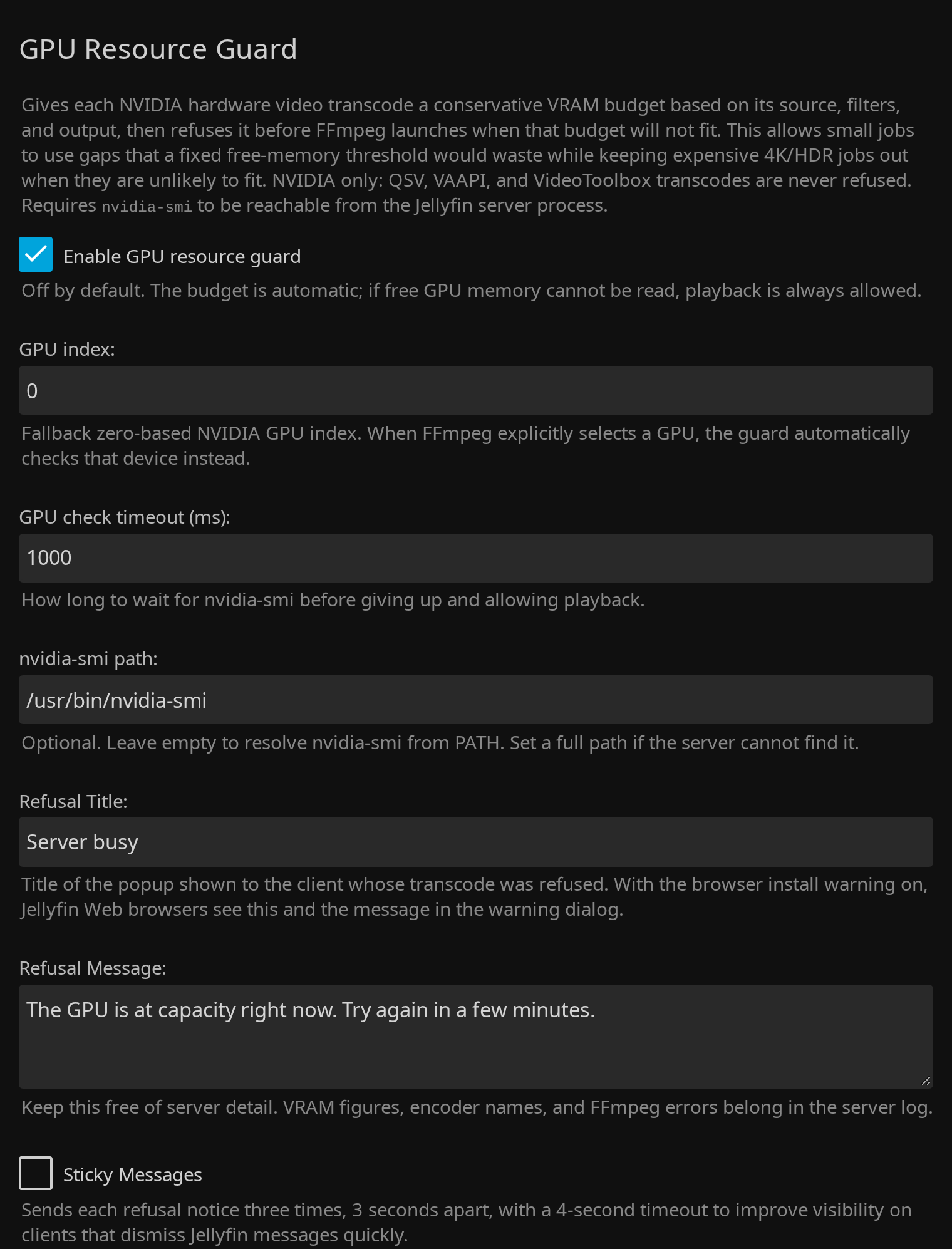 Transcode Guard GPU resource guard settings in the Jellyfin dashboard