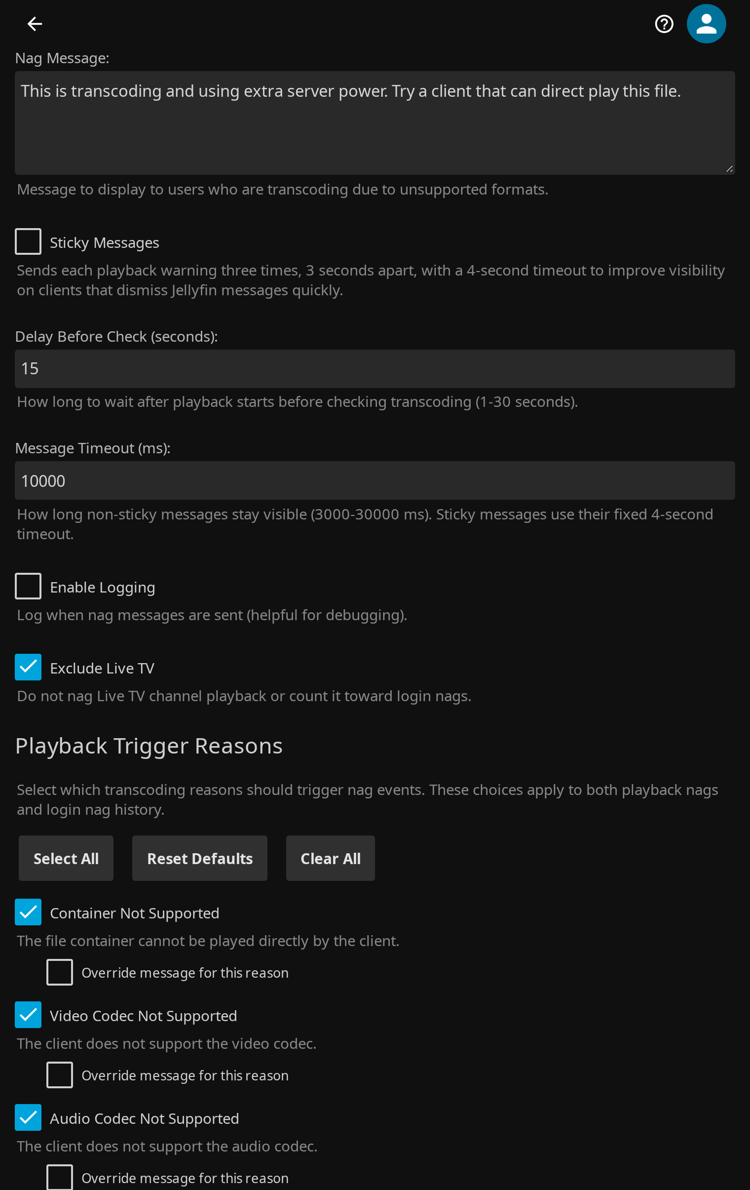 Transcode Guard playback settings and trigger reasons in the Jellyfin dashboard