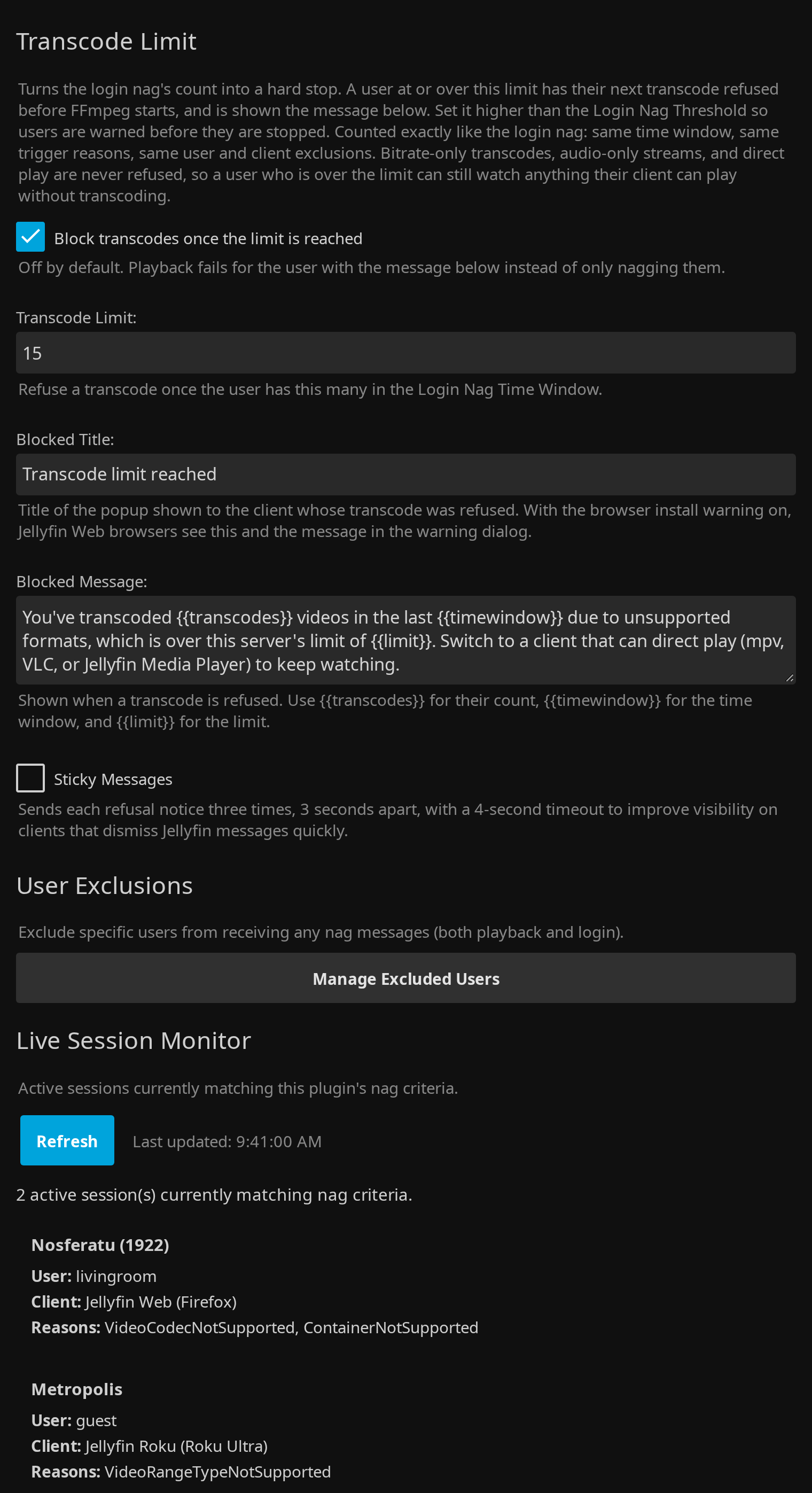 Transcode Guard transcode limit settings, user exclusions, and live session monitor in the Jellyfin dashboard