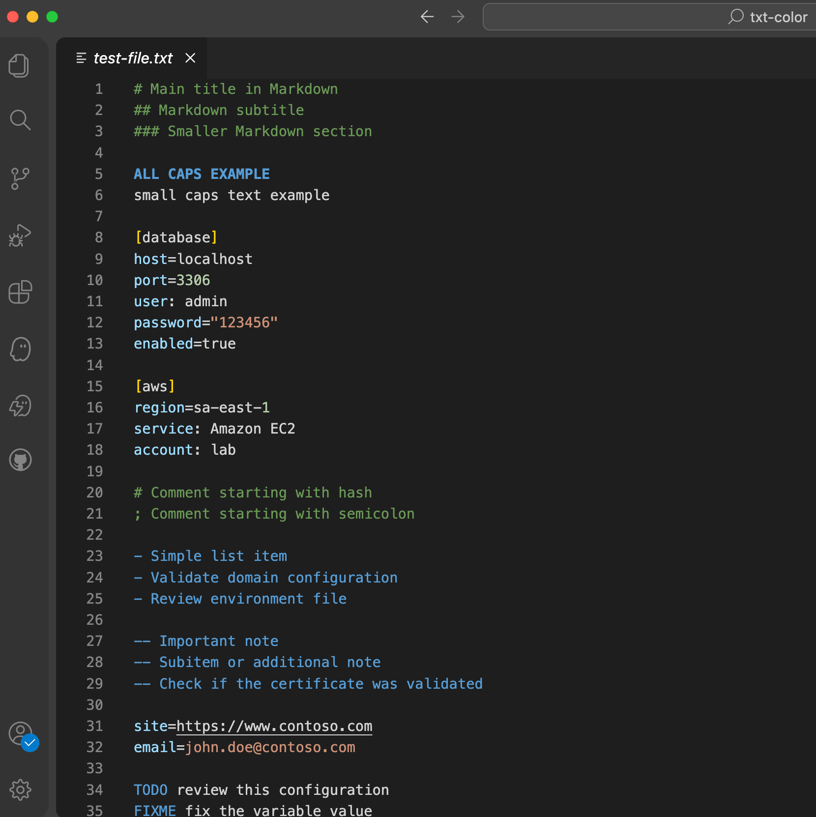 TXT Color applied to a TXT file using the Dark+ IDE theme
