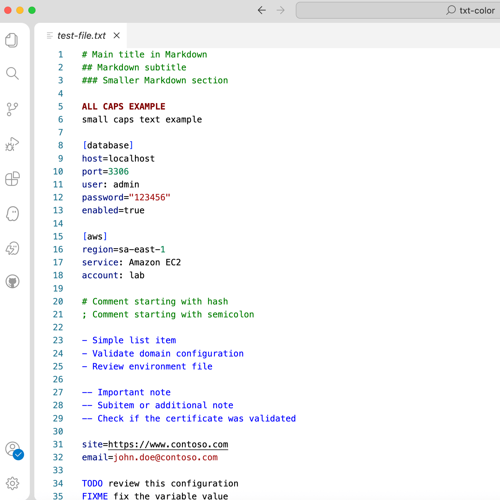 TXT Color applied to a TXT file using the Light+ IDE theme