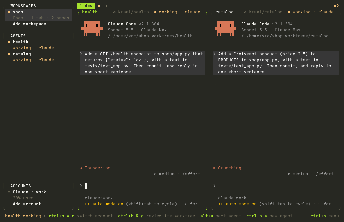 kraal: two Claude Code agents finish in their worktrees, alt+a jumps to the one that needs you, it deploys to production after one approval in kraal, then the web servers open in a grid with the production ones framed in red and answer a command typed once