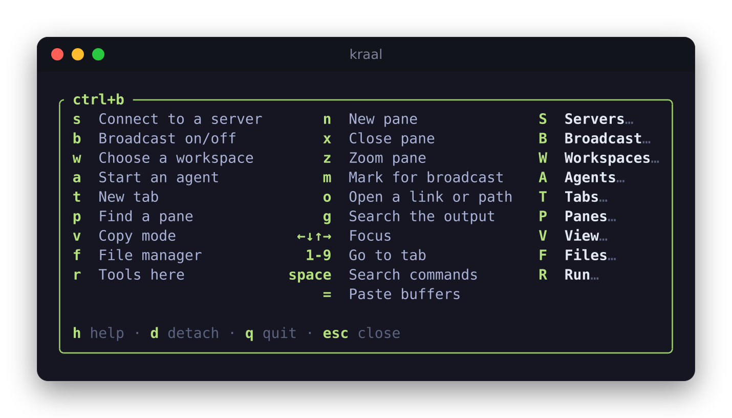 The ctrl+b menu: one letter per theme, its capital for the theme's menu