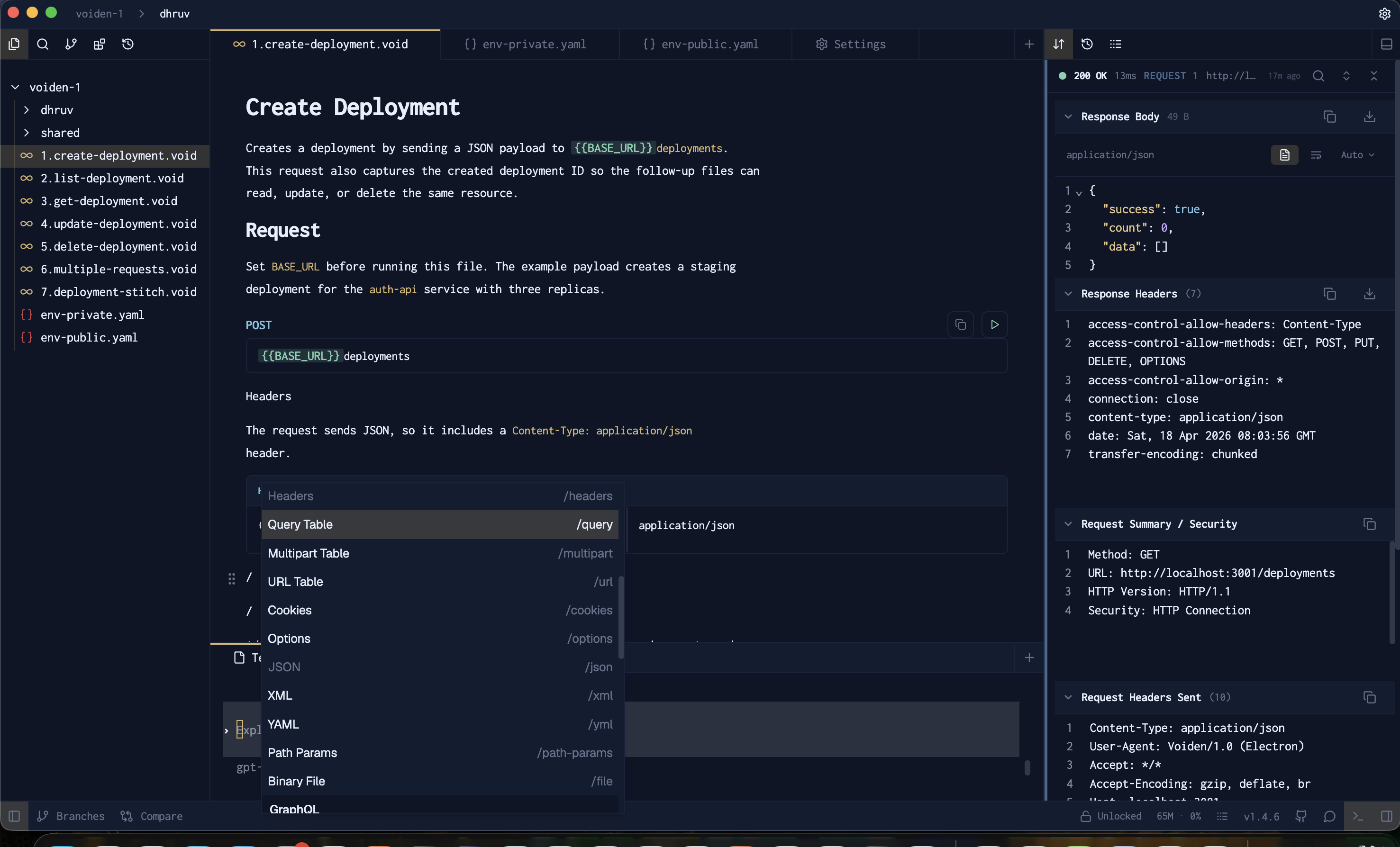 Voiden workspace showing requests, docs, and response panels