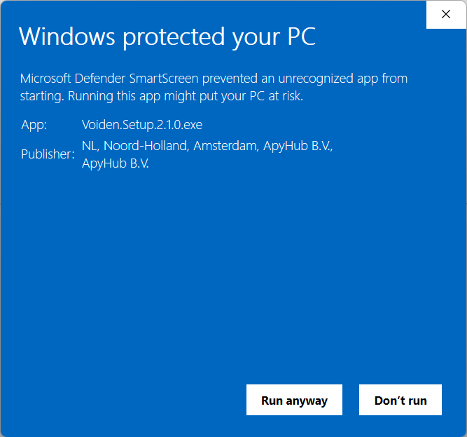 Windows SmartScreen warning