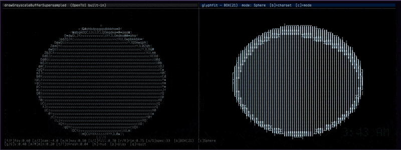 Sphere rendered with the BOX charset producing wireframe-like vertical bars