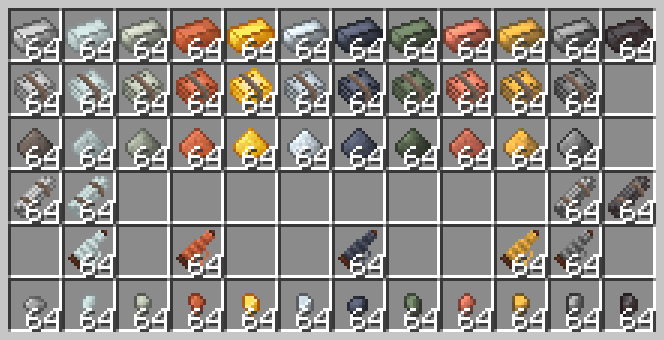 A spread of metal materials across all metals added by Vanilla and Immersive Engineering. Metals are as follows, from left to right: Iron, Aluminium, Nickel, Copper, Gold, Silver, Lead, Uranium, Constantan, Electrum, Steel, Netherite. Products from top to bottom are Ingot, Plate, Grit, Rod, Wire, Nugget. Every set of materials has a unified palette and a similar shape in the Immersive Engineering style. Plates are tied into a stack with hemp, rods are tied into a bundle with hemp, and wires are wrapped around a conical spool of treated wood.