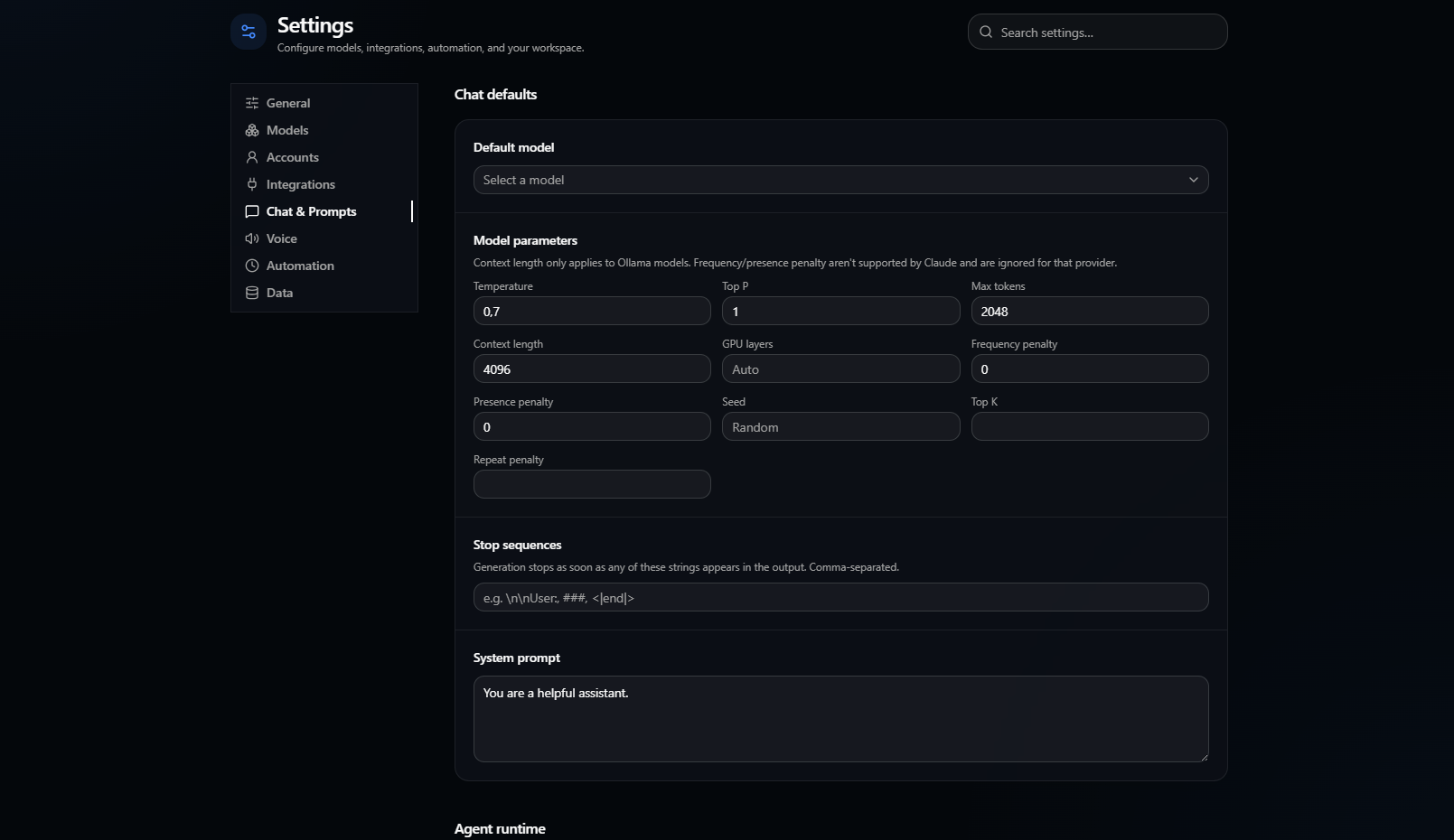 Default model parameters and saved prompt presets