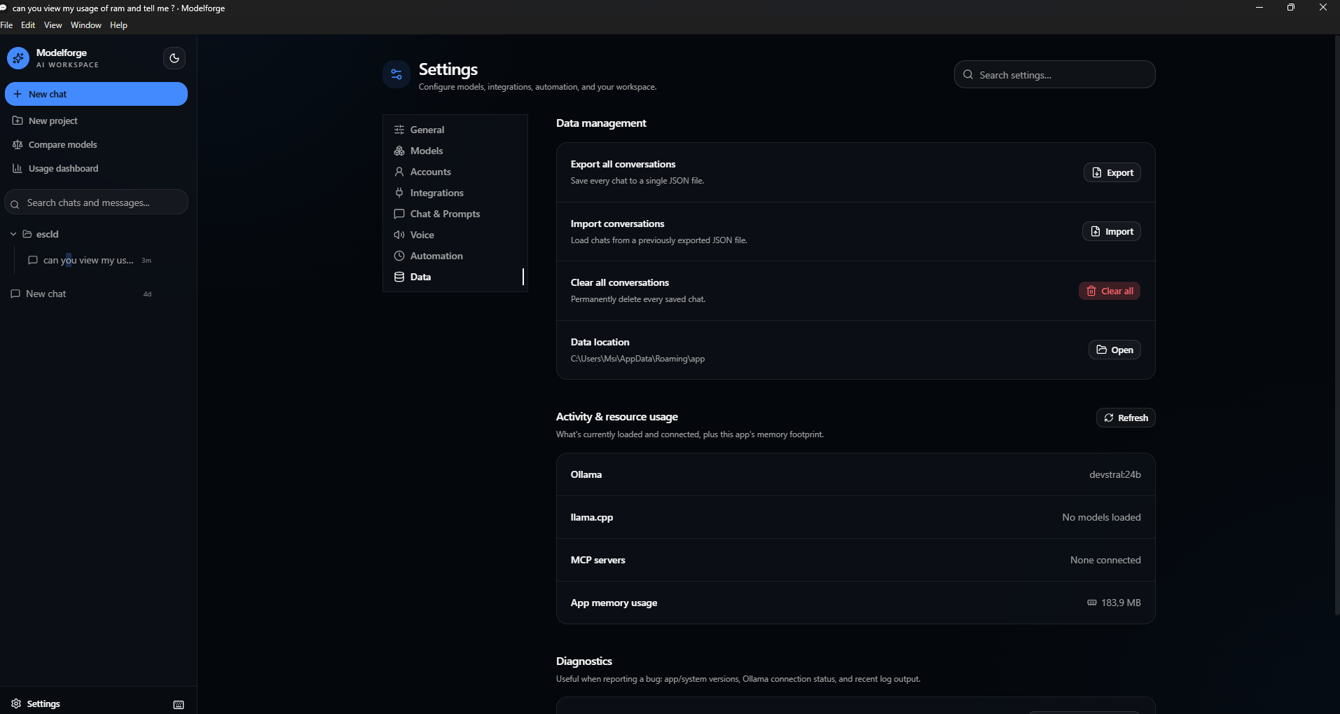 Export/import/clear conversations and copy diagnostic info