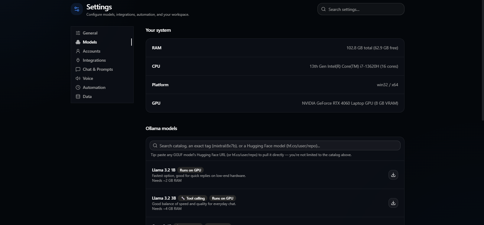 Model catalog with recommendations based on your hardware