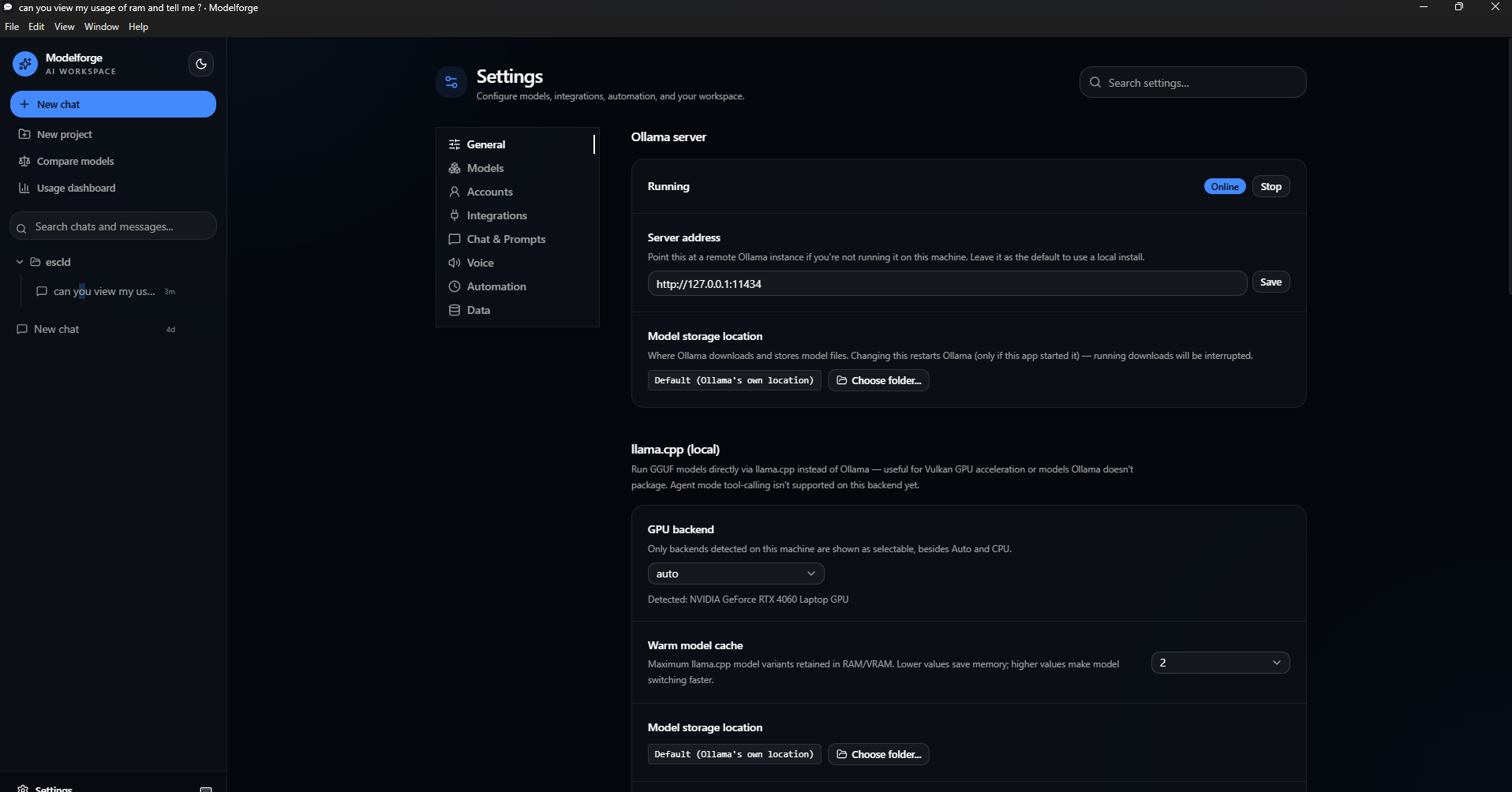 Ollama server settings, system specs, and available models