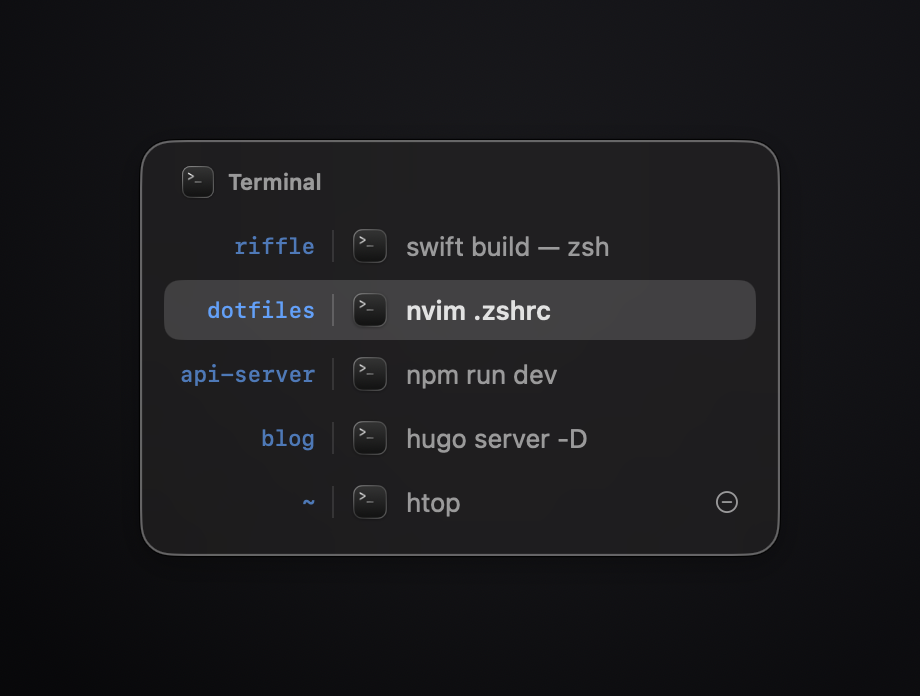 Riffle switcher listing Terminal windows