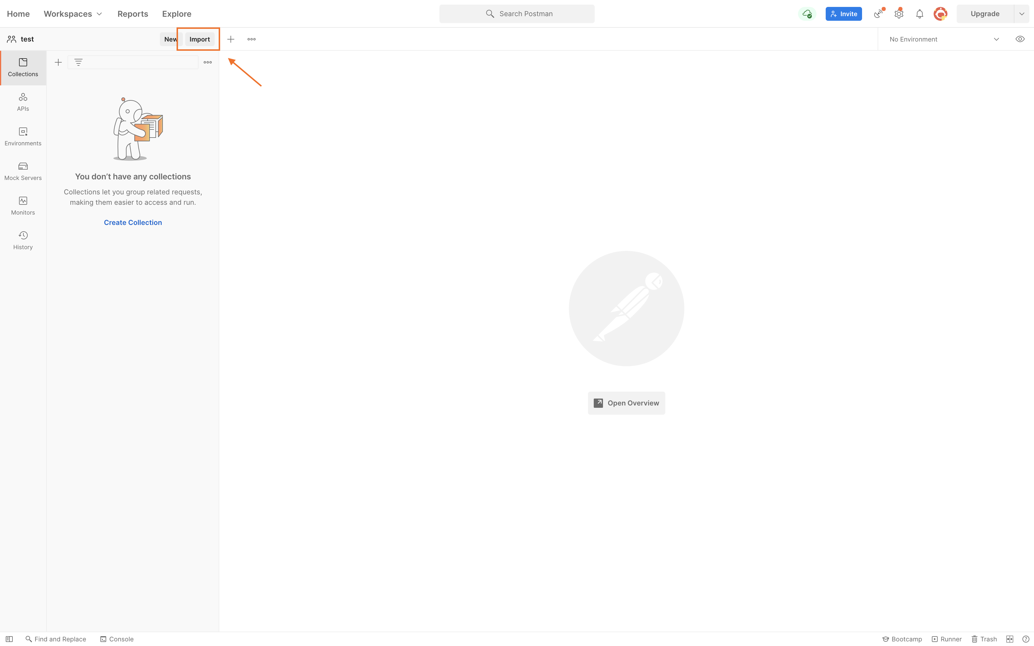 Screenshot of Postman for Mac, with 'Import' button pointed out at top left.