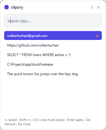 Clipory — açık mod