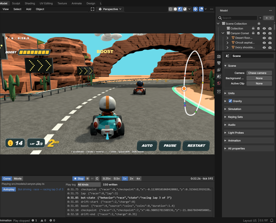 
|
|
21
|
+
![Canyon Comet playing in the editor: karts racing under a sandstone arch with the race HUD over the viewport, the outliner and properties beside it, and the Game panel's Autoplay and play log below