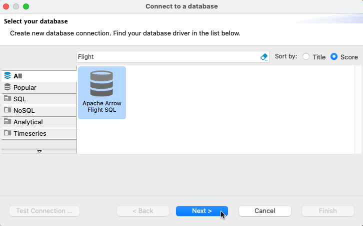 Connect to a database window