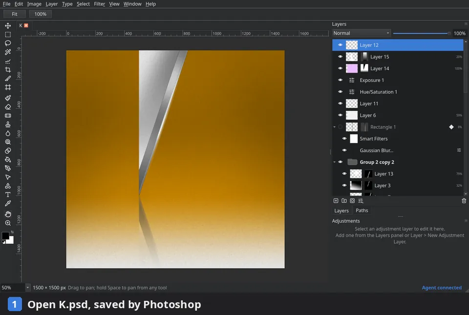 Opening K.psd by Nathan Lincoln, saved by Photoshop, with its folders, masks, Smart Filters and adjustment layers intact; fading its Exposure adjustment layer to 50%; exporting it as layered PSD; reopening it with the same 33 layers