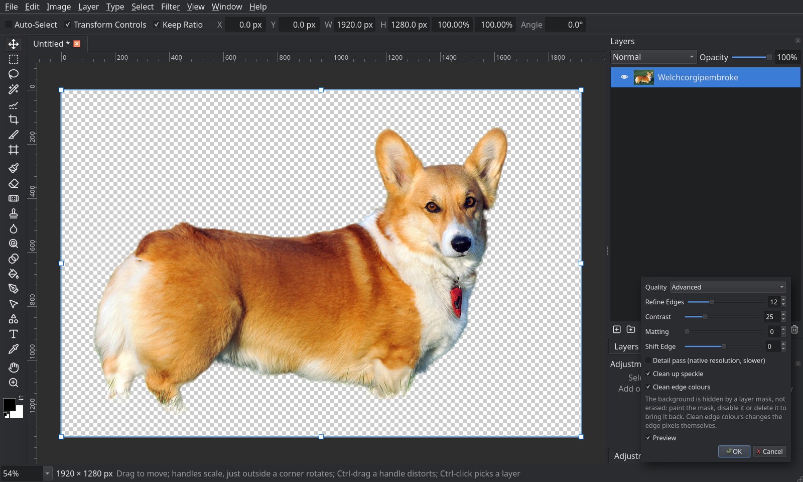 Remove Background cutting out a Pembroke Welsh Corgi, its settings dialog open