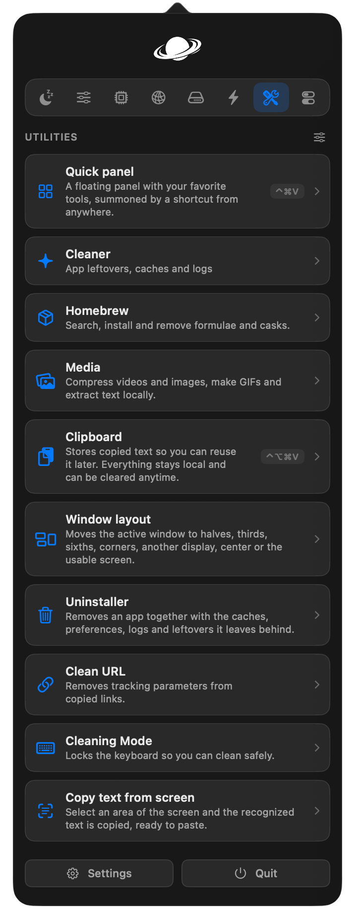 Quick panel, Cleaner, Homebrew, Media, Clipboard 등 여러 유틸리티 항목을 목록 형태로 보여주는 유틸리티 패널 스크린샷.
