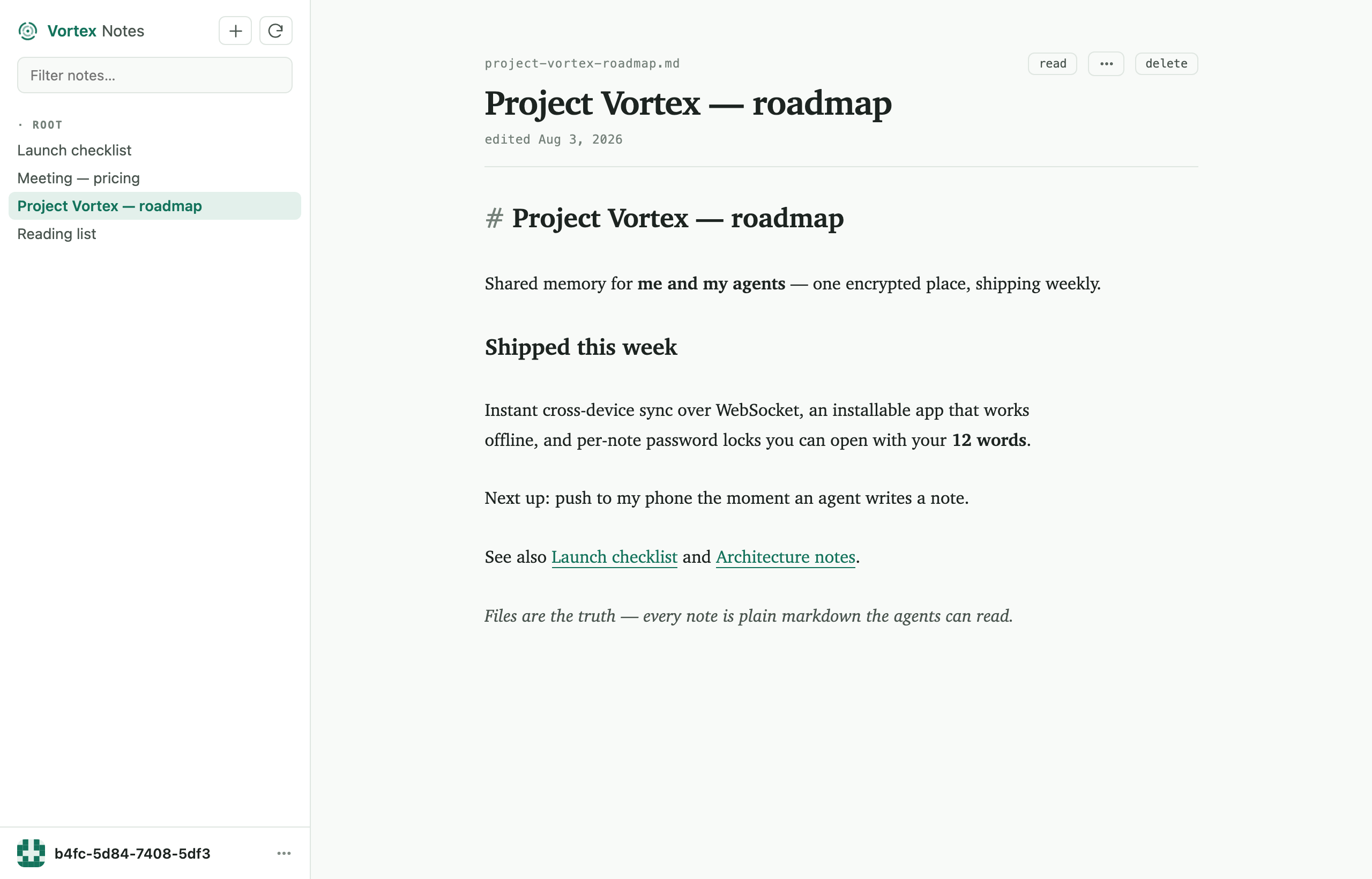 Vortex Notes web app: a live-preview markdown editor with an encrypted vault
