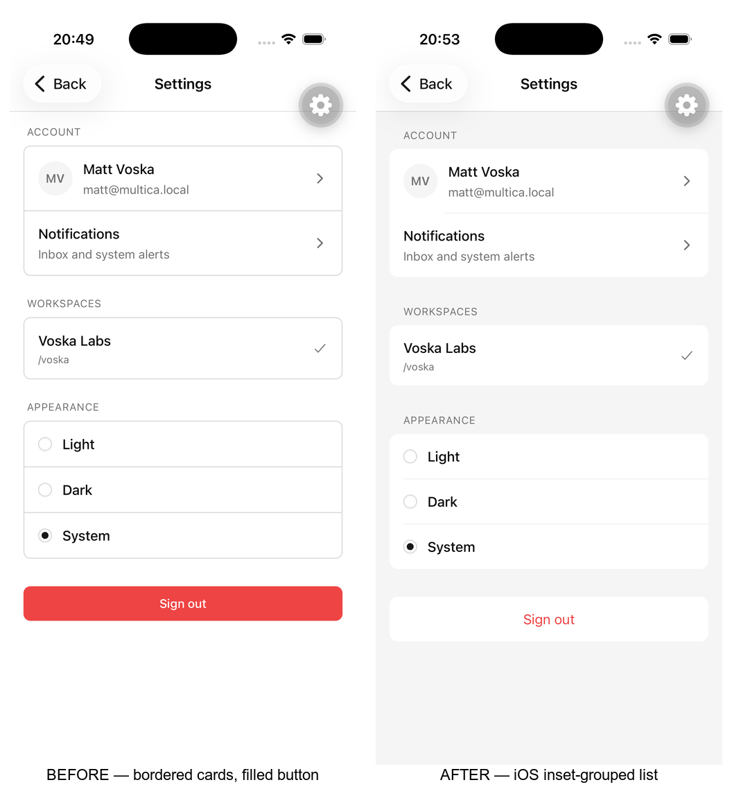 Settings before/after