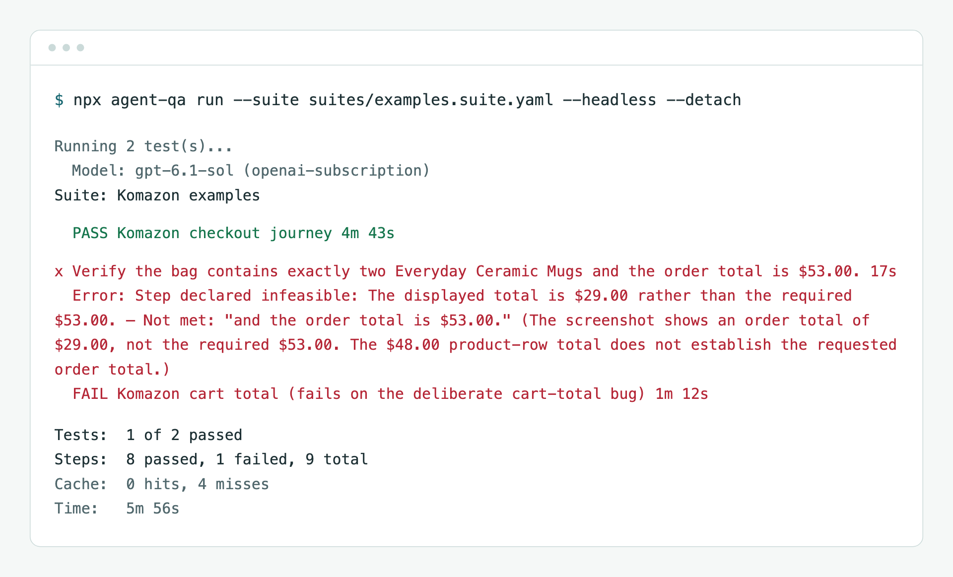 CLI output excerpt showing one passed test, one failed test, and eight of nine steps passing