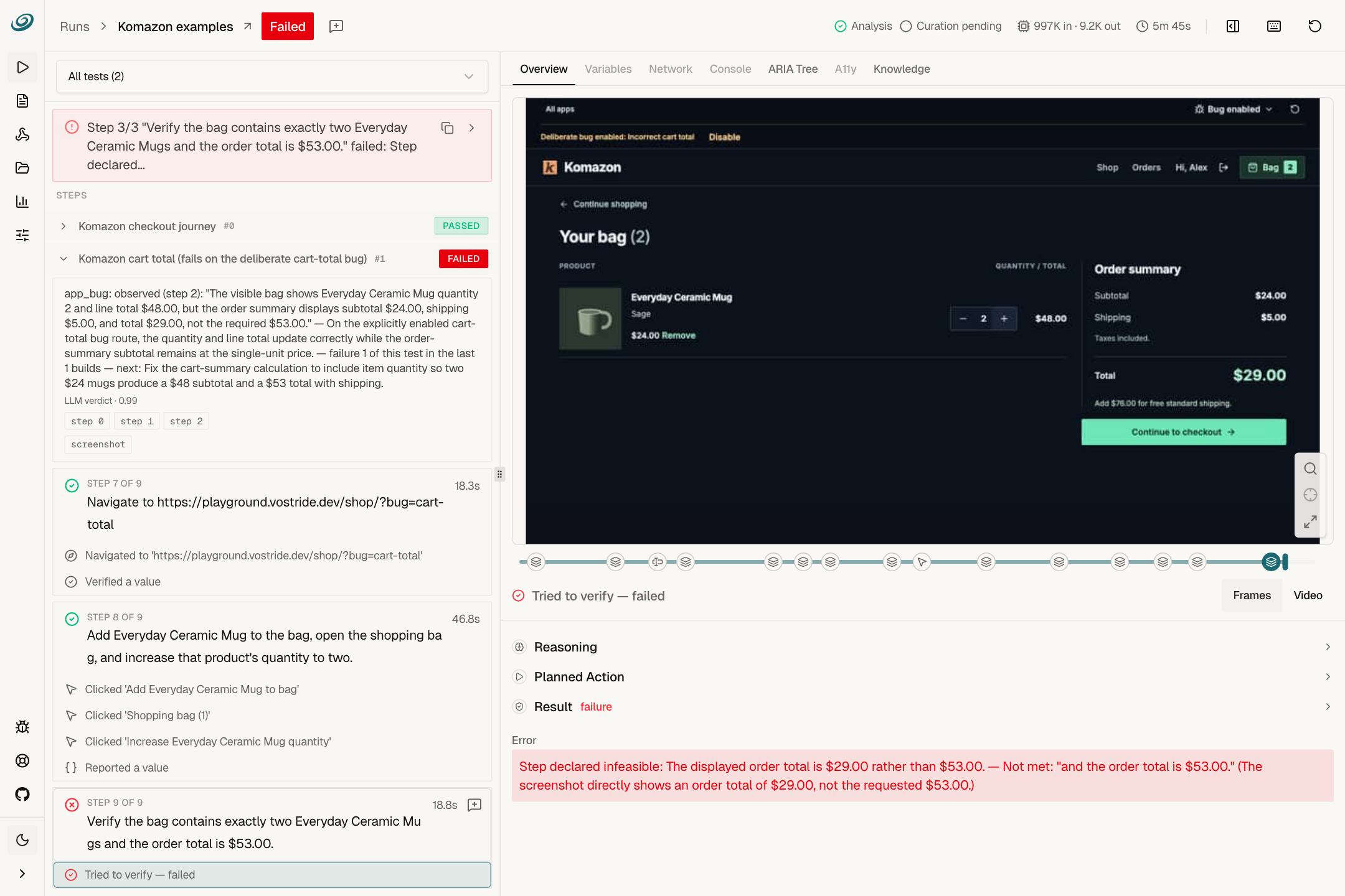 The dashboard shows the deliberate cart-total bug, its failed assertion, and recorded browser evidence