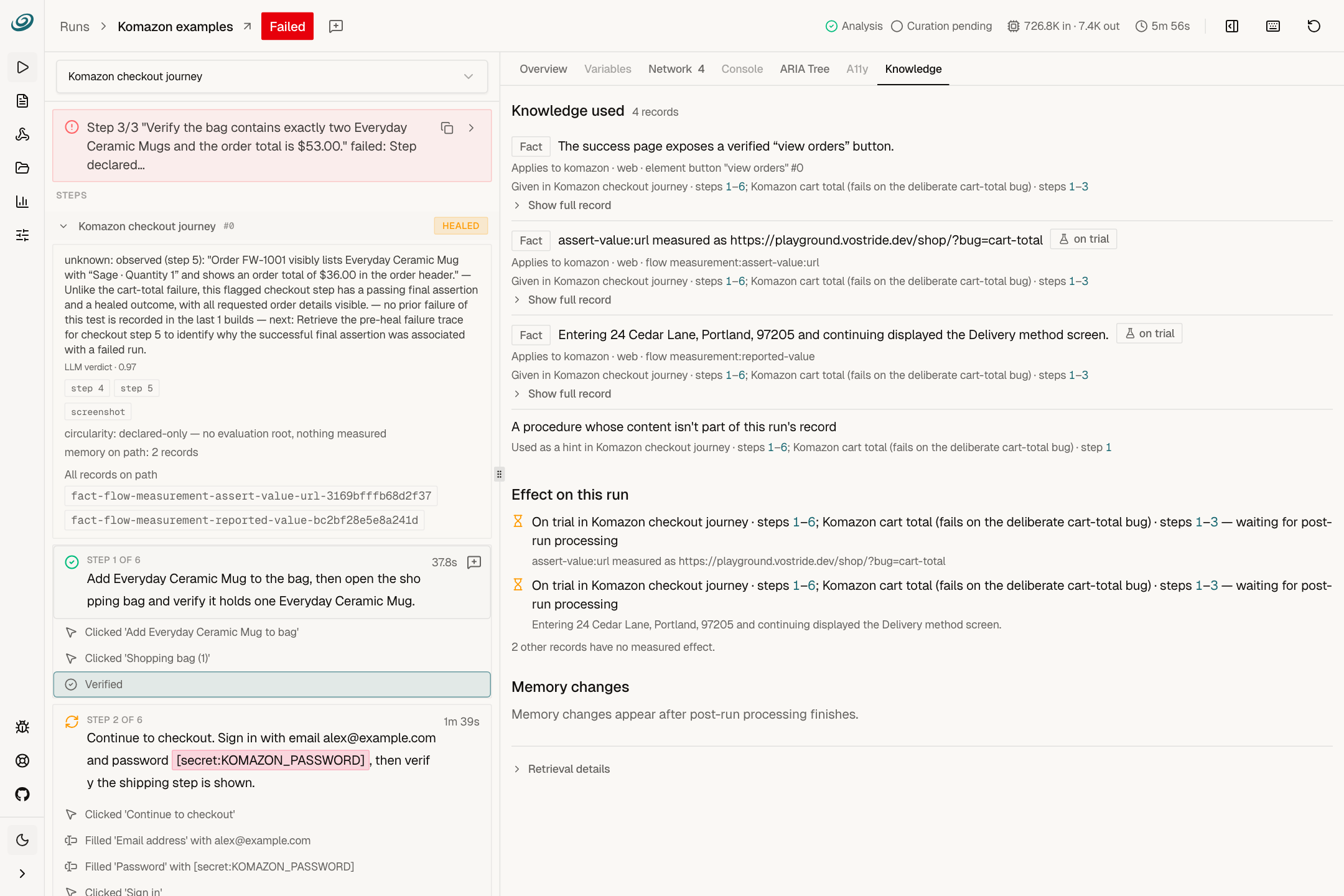 The Knowledge tab shows stored facts retrieved for the demo run